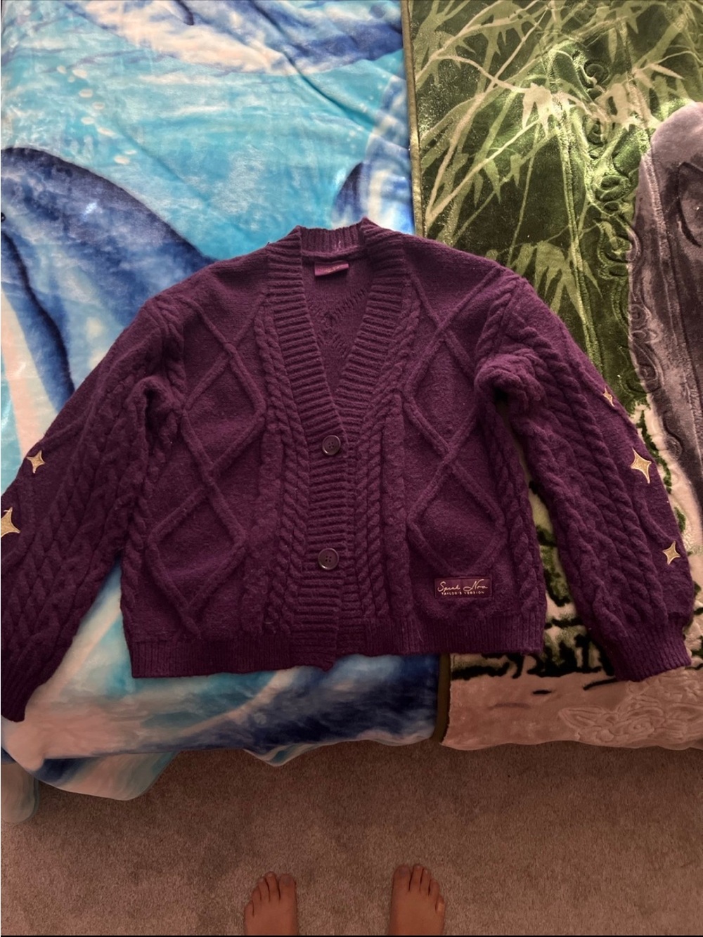 Taylor Swift Deep Purple Cable Knit Button Cardigan with Star Sleeve Accents